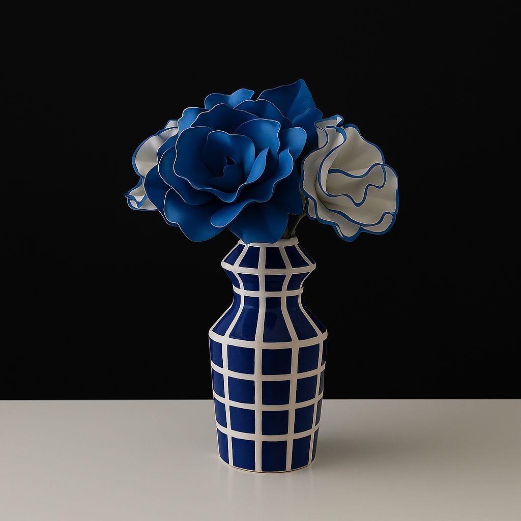 MAVİ VAZO ÜZERİNE MAVİ ÇİÇEKLER