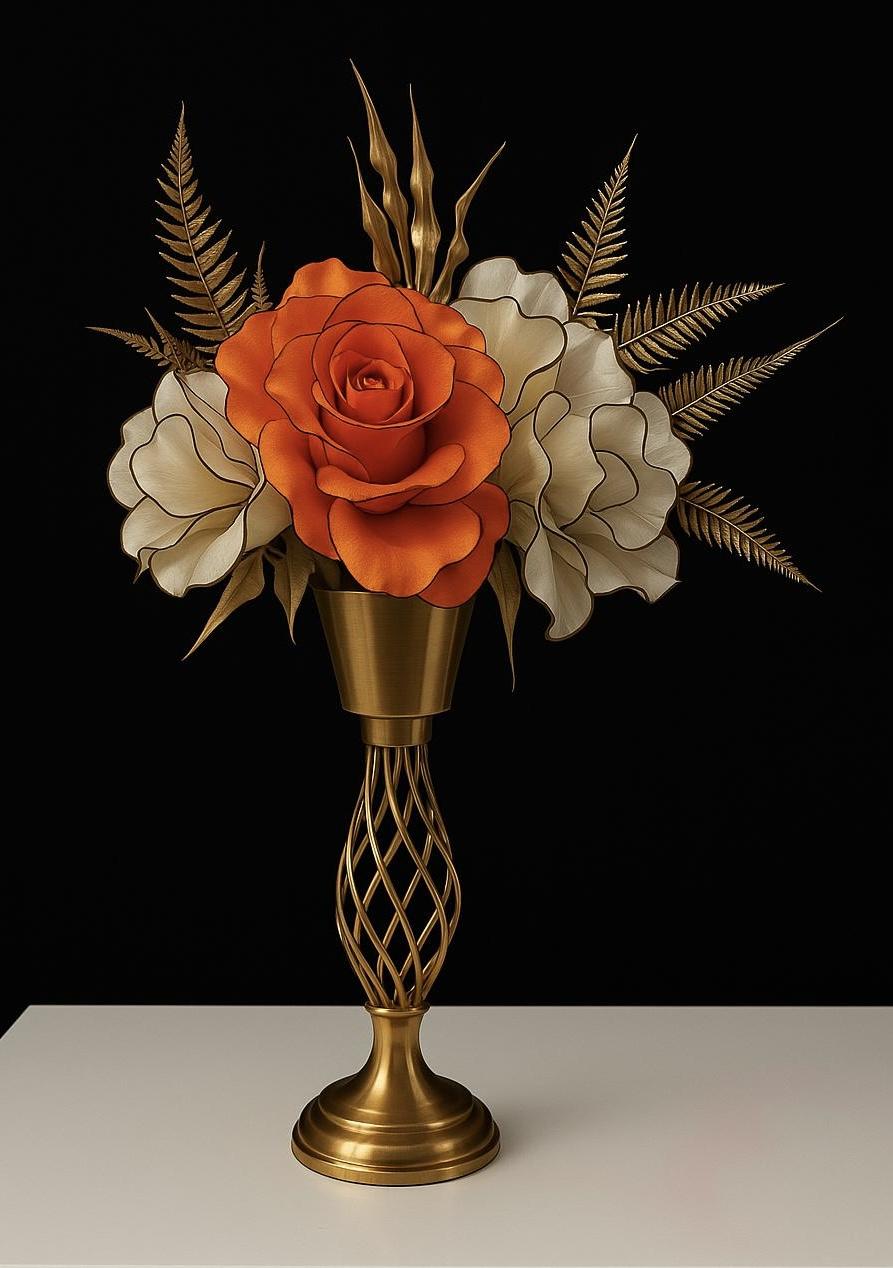 UZUN GOLD VAZOLU BEYAZ TURUNCU ARANJMAN ÇİÇEK