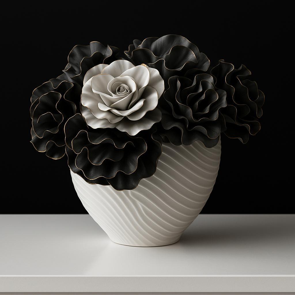 BEYAZ TASARIM VAZO ÜZRİNE SİYAH ÇİÇEKLER